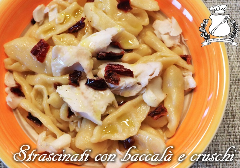 Strascinati with cod and bran peppers